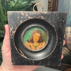 Antique French Framed Miniature Handpainted Portrait Young Woman Wall Art